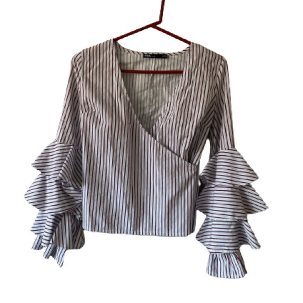 NWOT Ina Faux Wrap White Striped Blouse with Ruffle Bell Sleeves- Size S